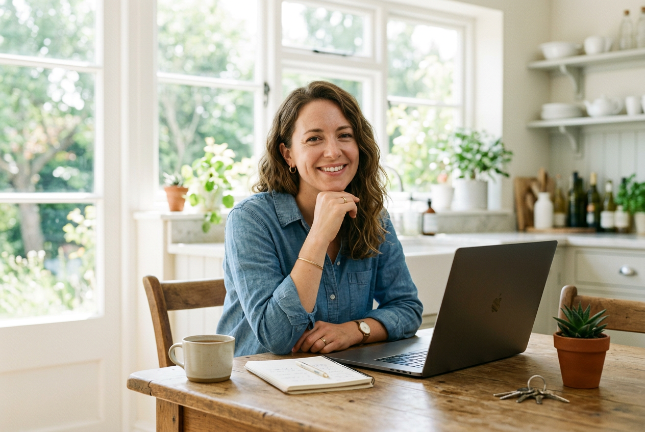 A smiling host at a kitchen table with a laptop, notebook and a set of keys. Generated image.