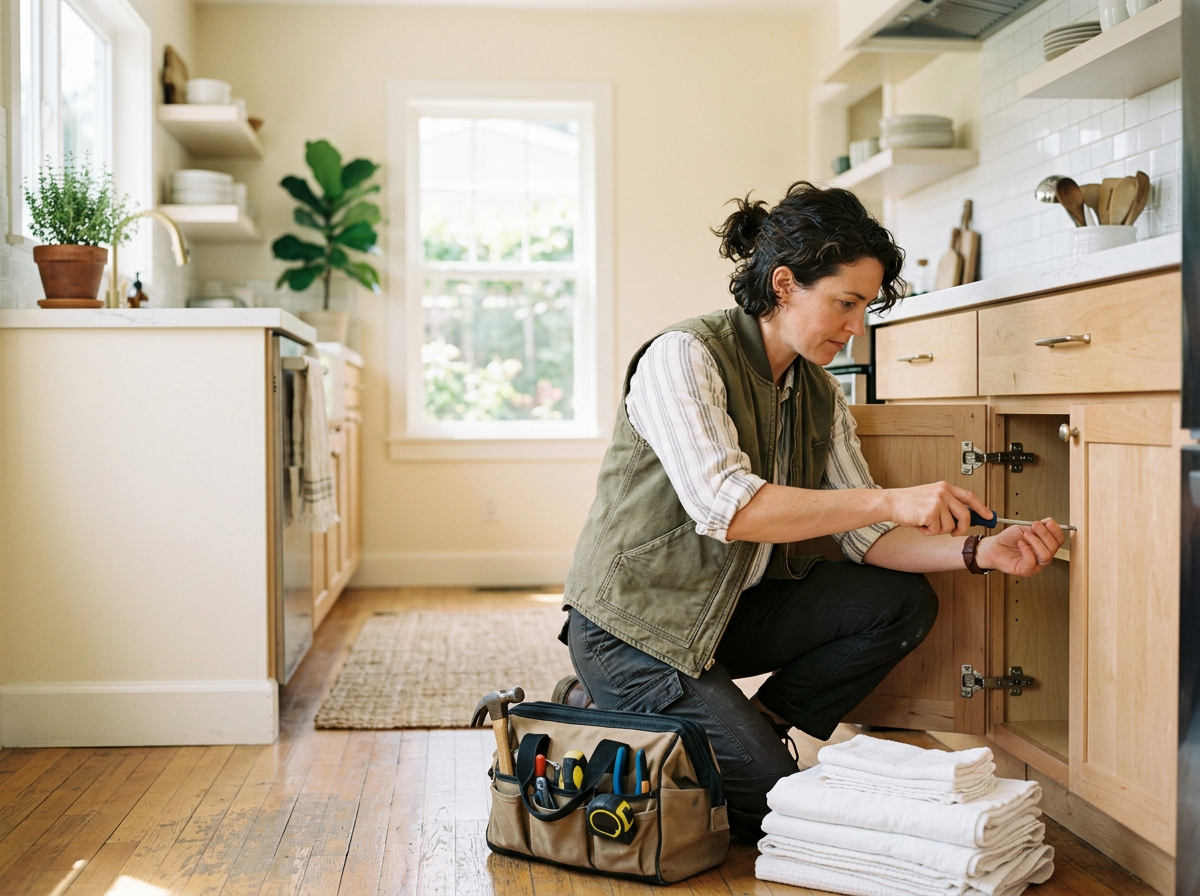 A host crouched in a rental kitchen tightening a cabinet hinge, a tool bag and fresh towels beside them. Generated image.